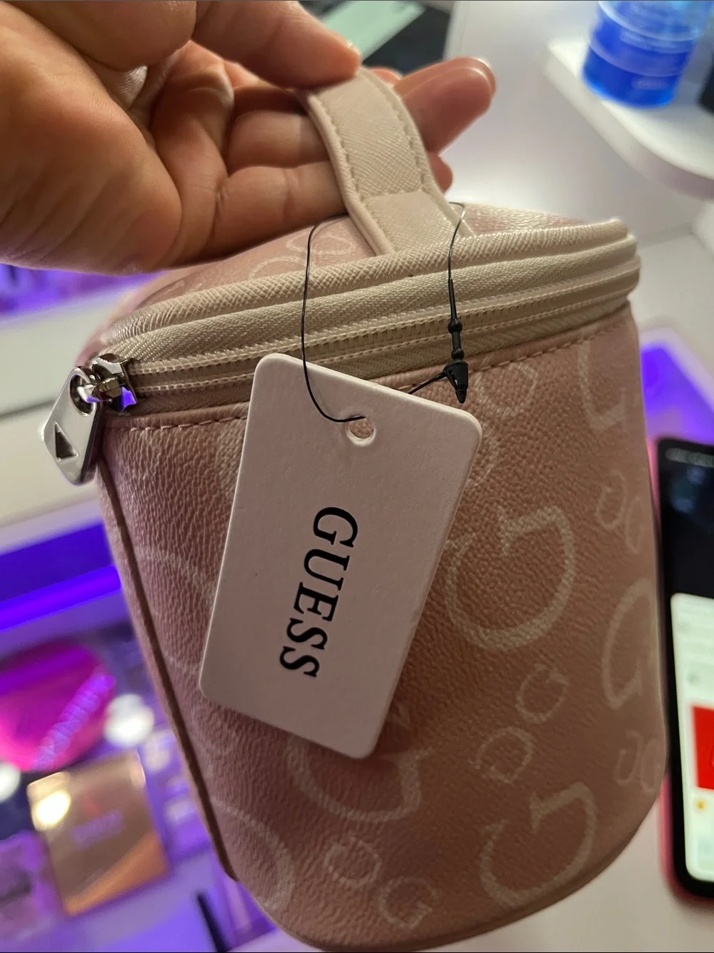 GUESS Blush Pink Logo Cosmetic Case with Top Handle